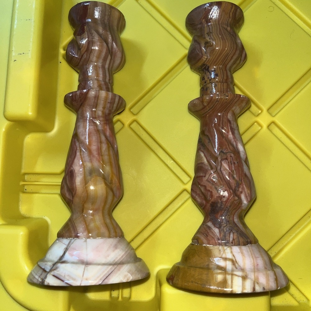 Vintage Marble Candle Holders Set of Two Swirled Natural Stone Decor